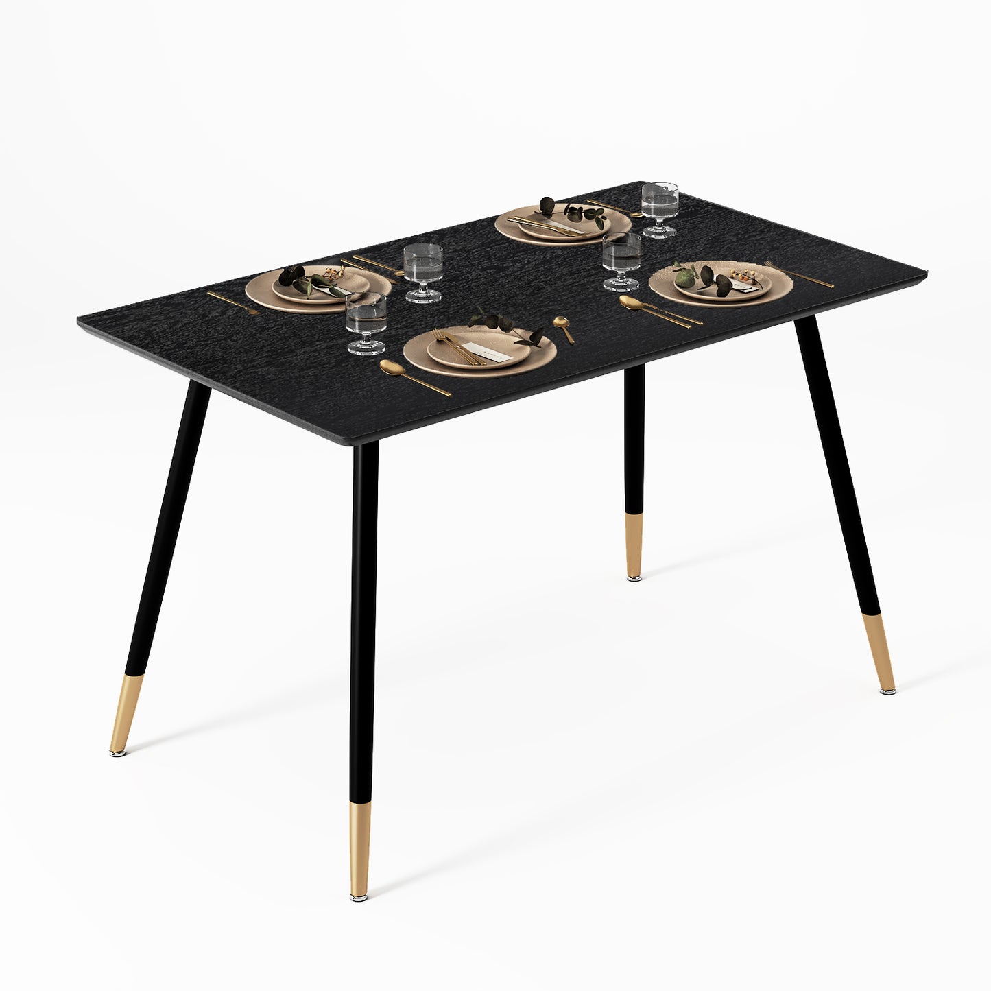 Mesa de Comedor Rectangular Mid Century Color Negro Patas con Detalle Dorado