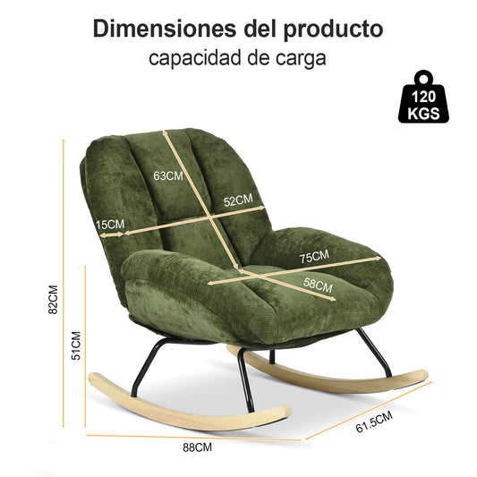 Silla Mecedora Tapizada con Tela Suave y Cómoda Verde con Base de Madera y Metal