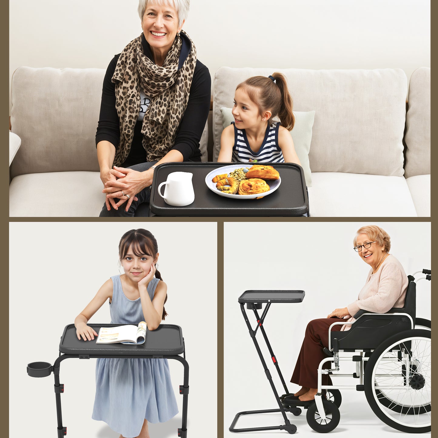Mesa Plegable para TV con Portavasos, Mesa para Refrigerios con 4 Ajustes de Altura y 4 ángulos de Inclinación Negro