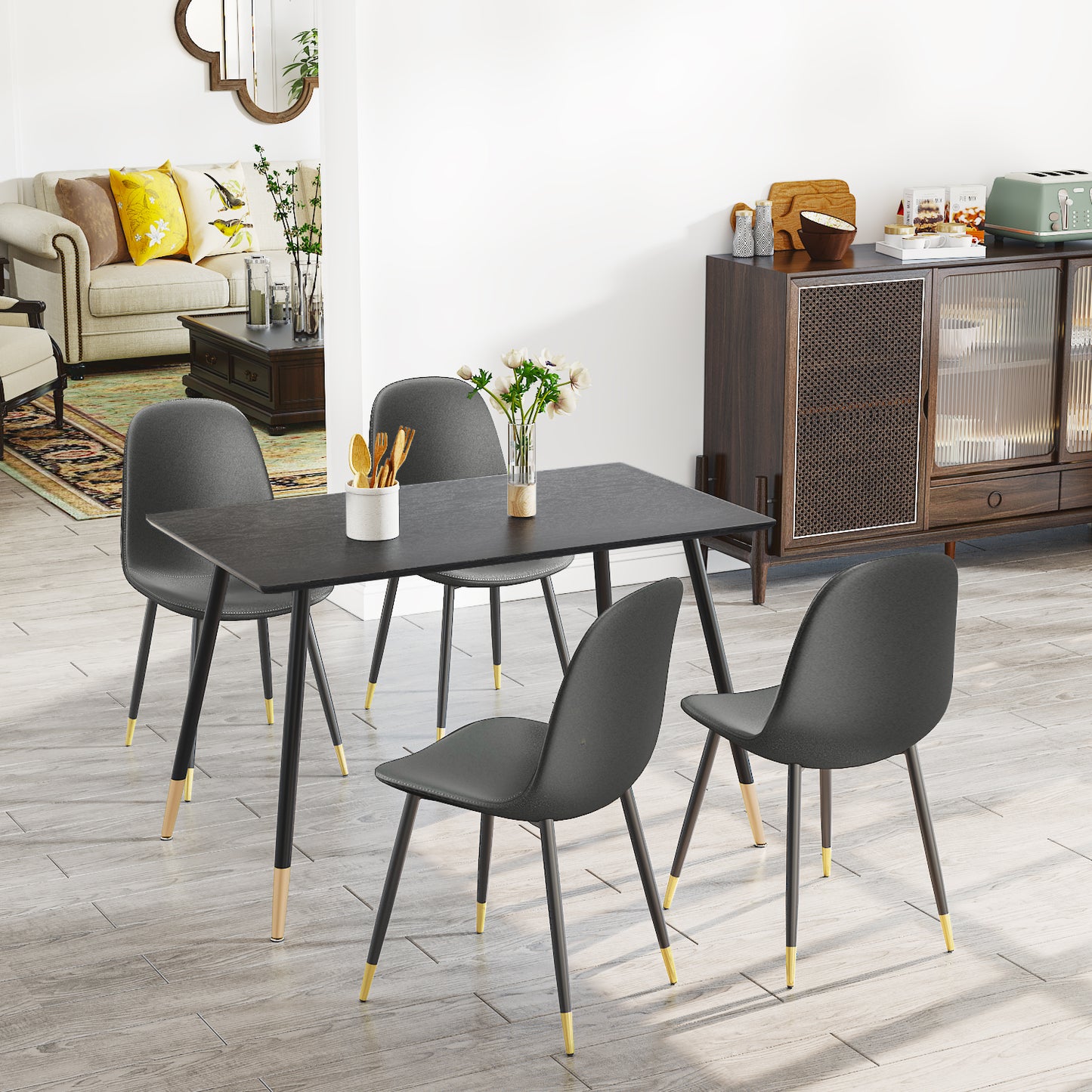 Mesa de Comedor Rectangular Mid Century Color Negro Patas con Detalle Dorado
