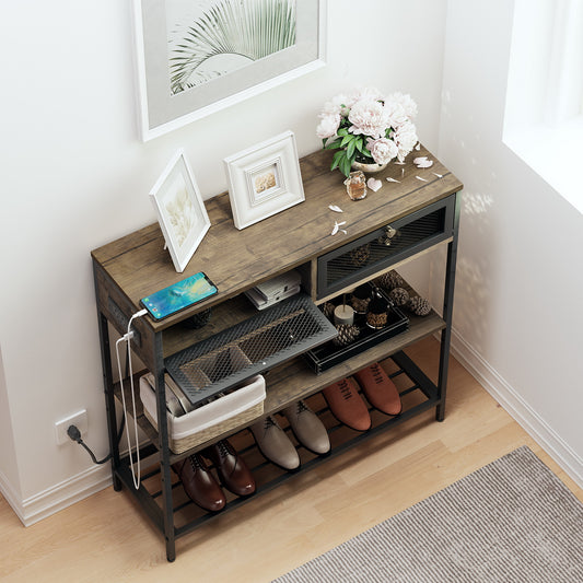 Mesa Consola con Tomacorrientes y Puertos USB Café y Negro