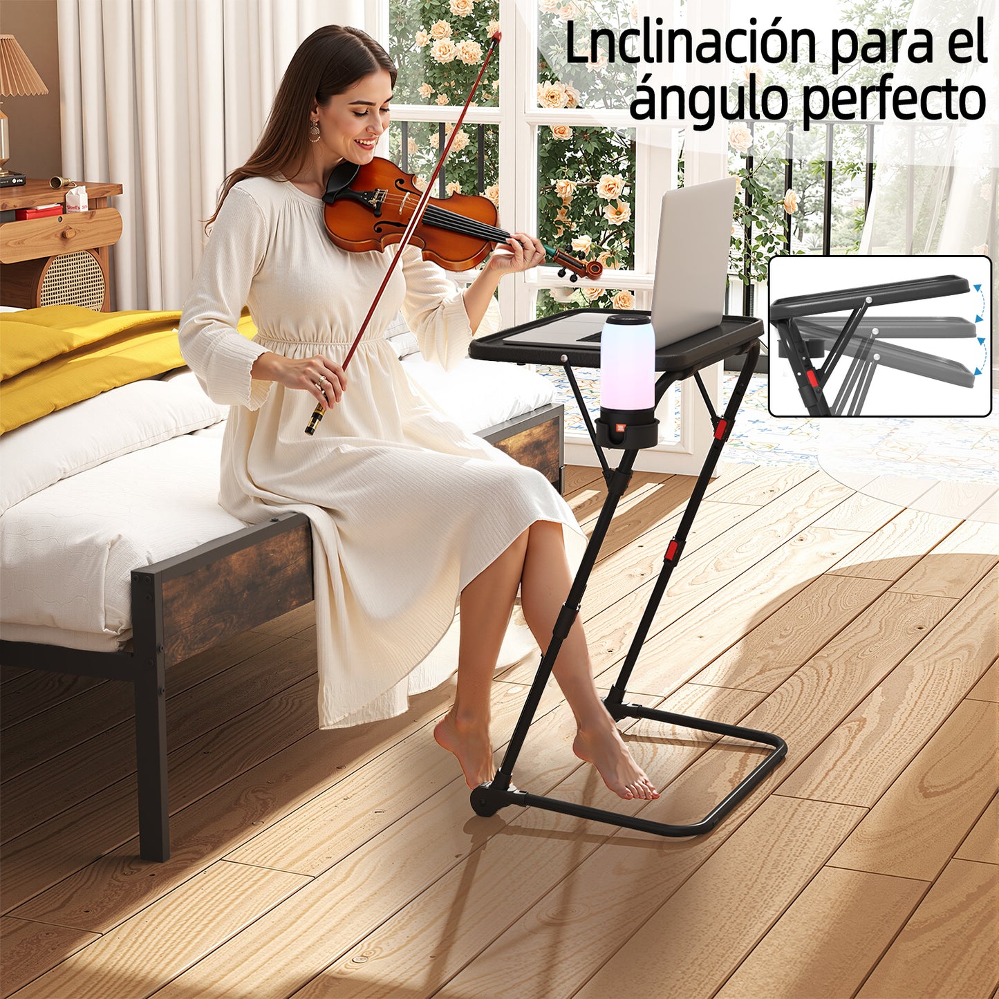 Mesa Plegable para TV con Portavasos, Mesa para Refrigerios con 4 Ajustes de Altura y 4 ángulos de Inclinación Negro