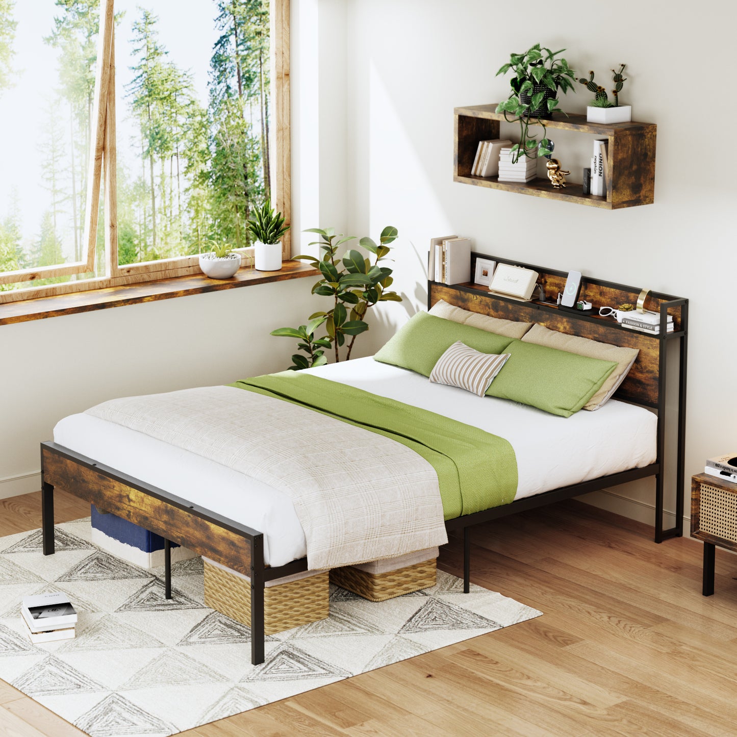 Marcos de Cama Doble, Cabecero de Almacenamiento con Estación de Carga