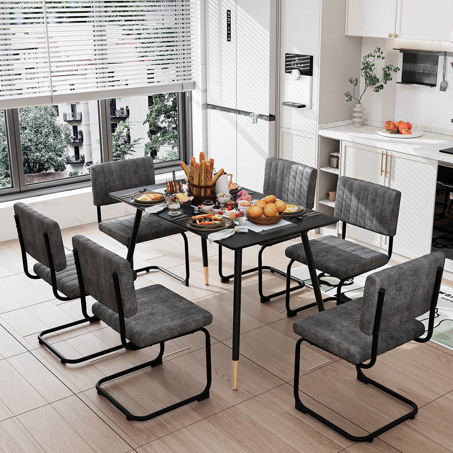 Mesa de Comedor Rectangular Mid Century Color Negro Patas con Detalle Dorado