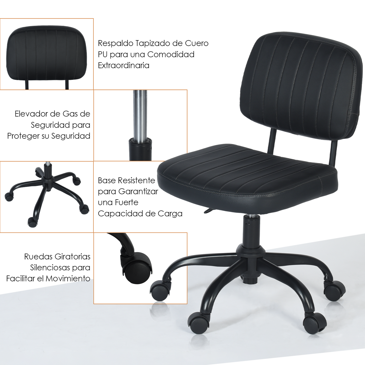 Silla de Trabajo Giratoria de Cuero de PU con Respaldo Bajo y sin Brazos Negro