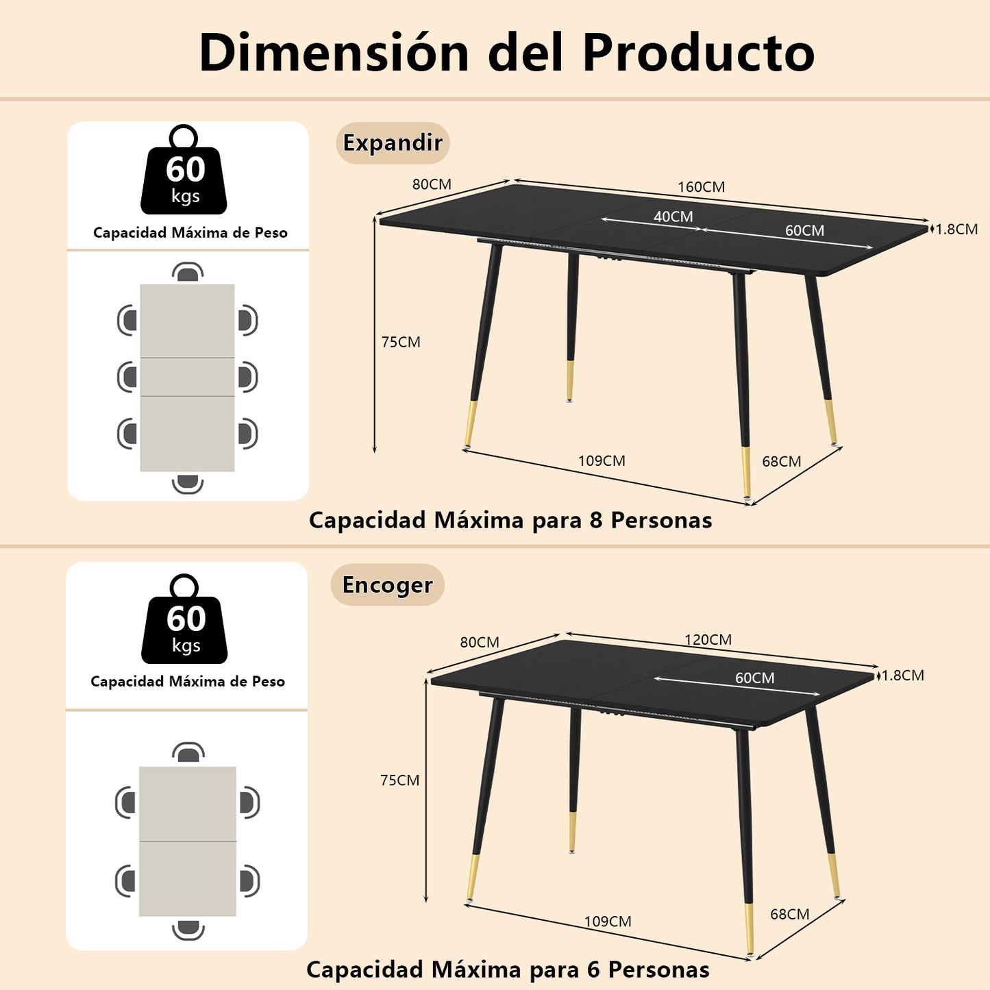 Mesa de Comedor Rectangular Extensible 160 cm Negro