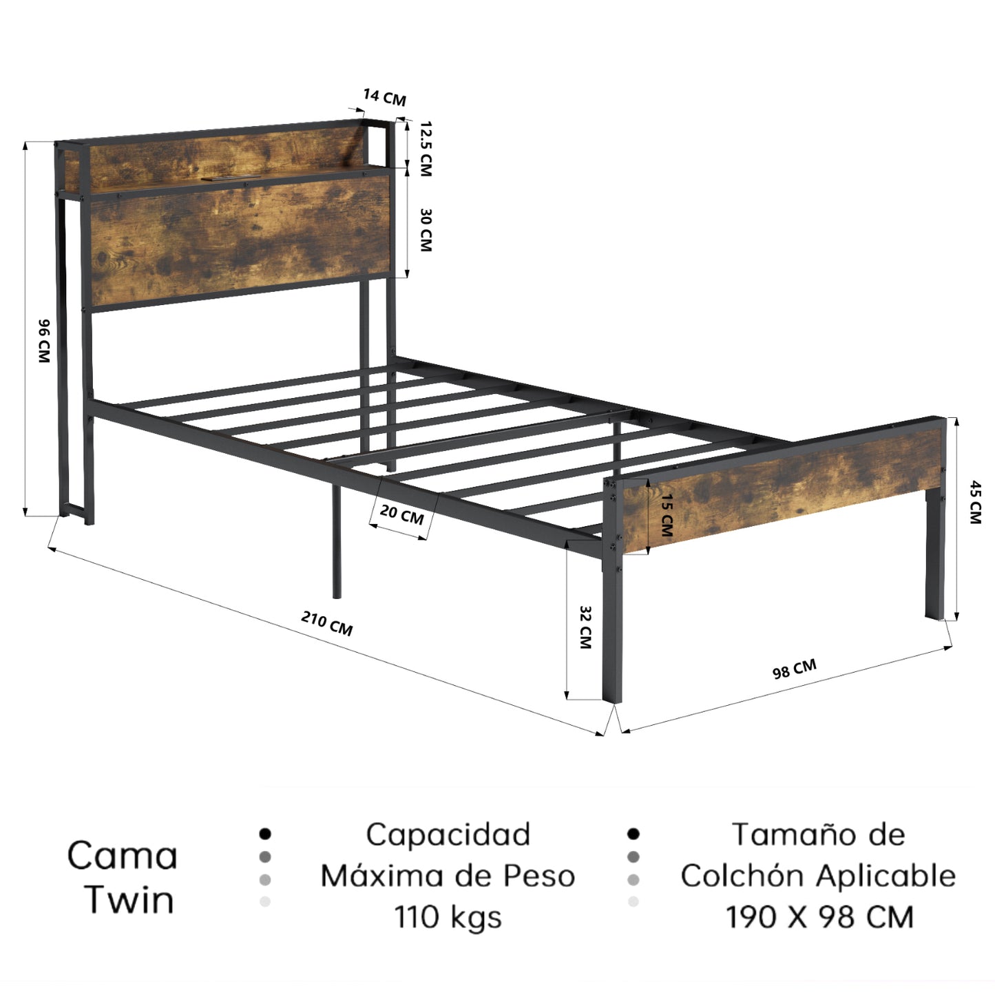 Marcos de Cama Twin, Cabecero de Almacenamiento con Estación de Carga