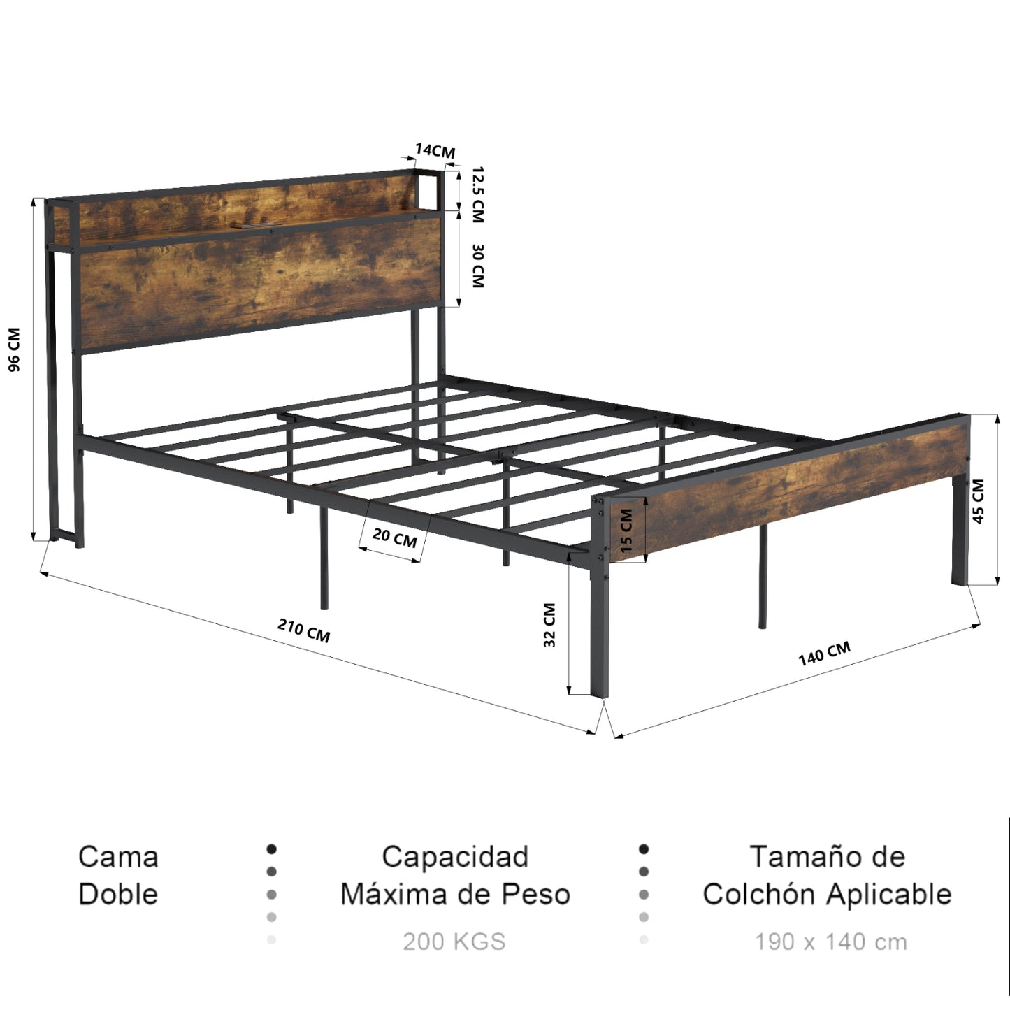 Marcos de Cama Doble, Cabecero de Almacenamiento con Estación de Carga