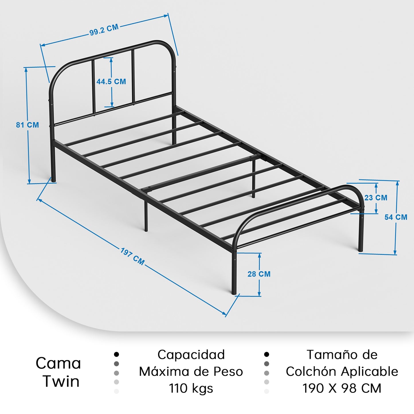 Marco de Cama con Plataforma de Metal de TamaƱo Doble con Cabecera Negro