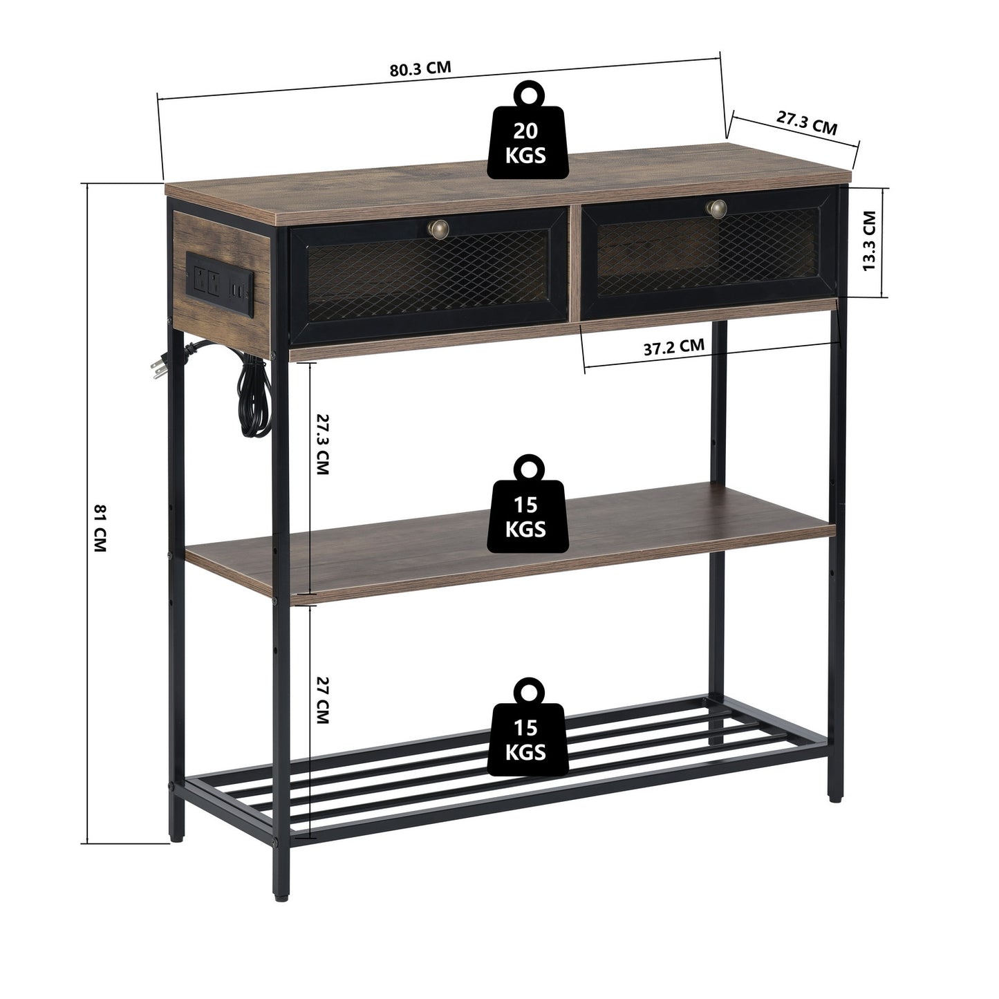Mesa Consola con Tomacorrientes y Puertos USB Café y Negro