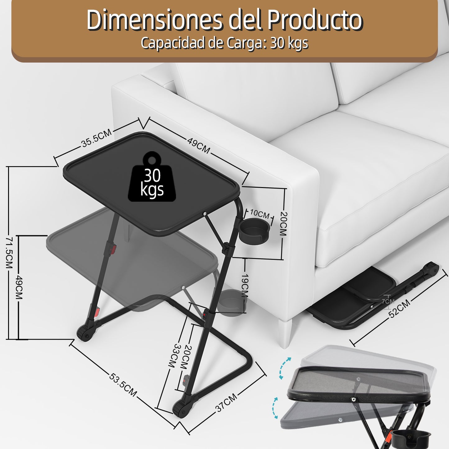 Mesa Plegable para TV con Portavasos, Mesa para Refrigerios con 4 Ajustes de Altura y 4 ángulos de Inclinación Negro