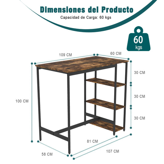 Mesa de Bar con Estructura de Metal Estilo Industrial con Estantes de Madera de Ingeniería