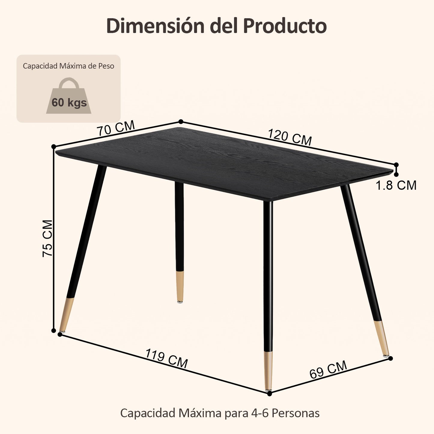 Mesa de Comedor Rectangular Mid Century Color Negro Patas con Detalle Dorado
