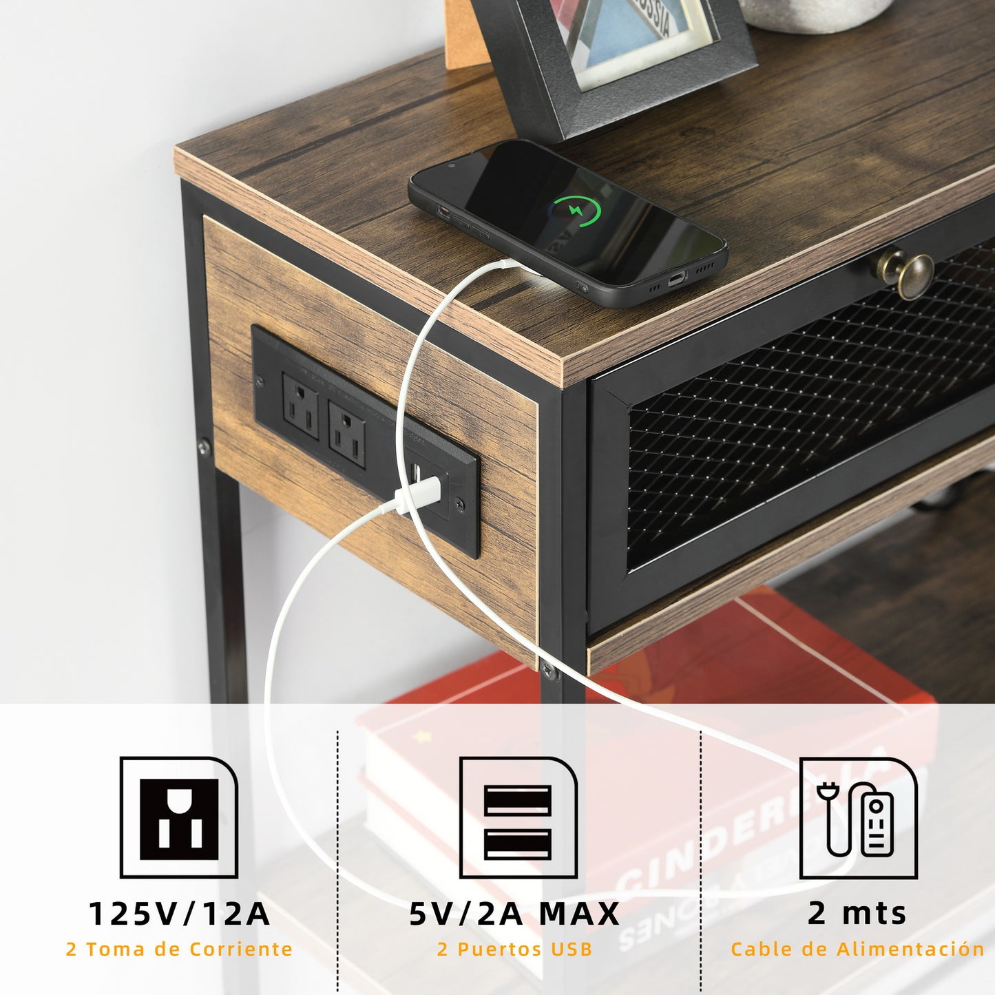 Mesa Consola con Tomacorrientes y Puertos USB Café y Negro