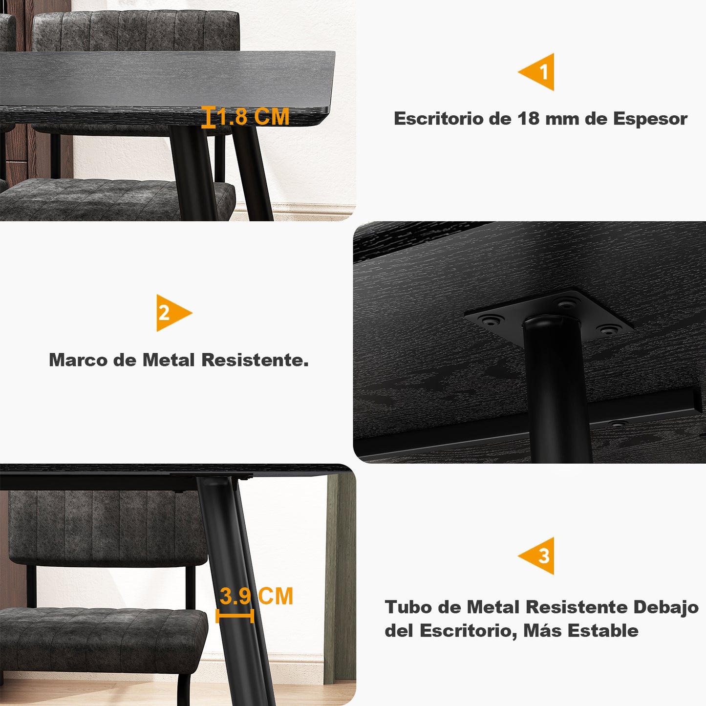 Mesa de Comedor Rectangular Mid Century Color Negro Patas con Detalle Dorado