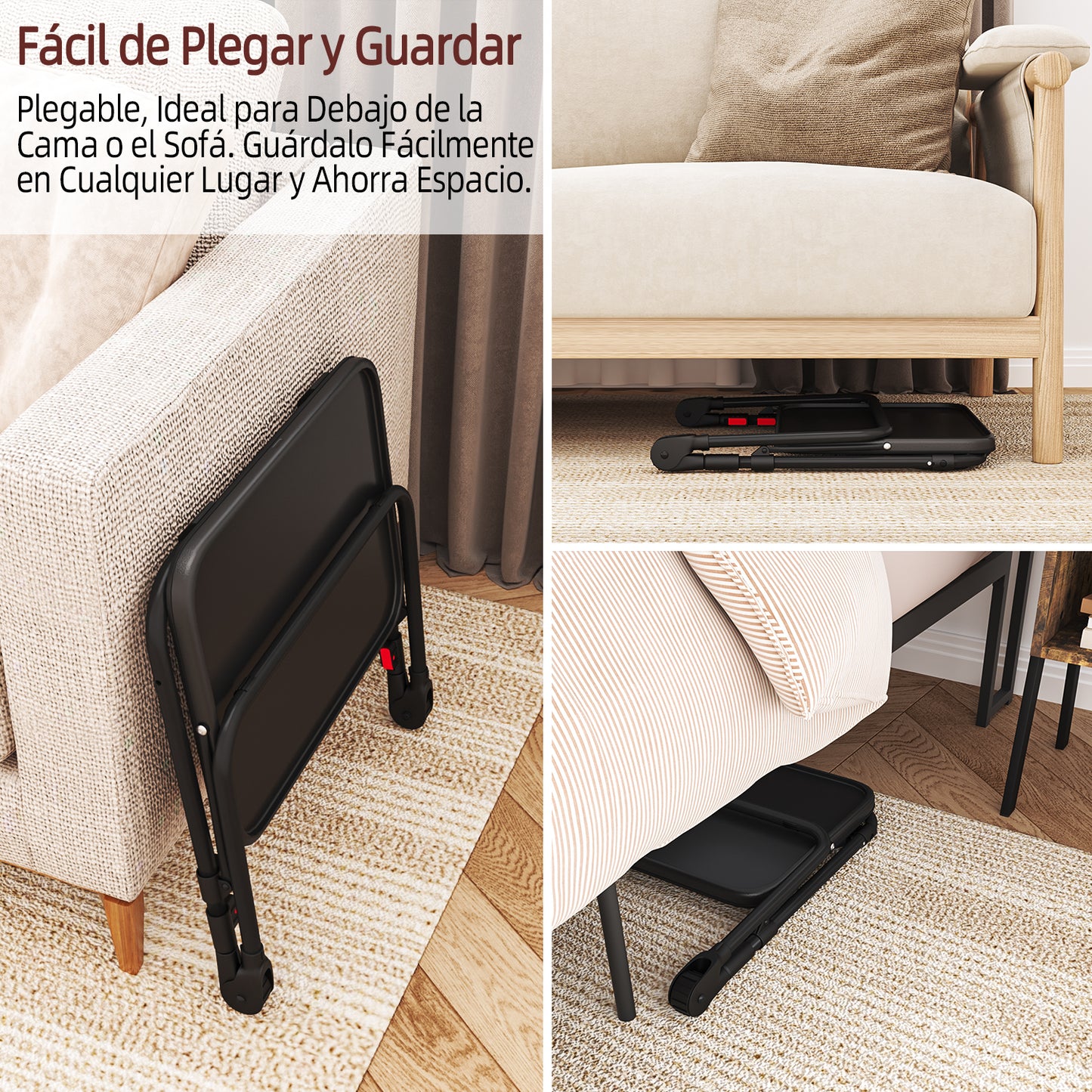 Mesa Plegable para TV con Portavasos, Mesa para Refrigerios con 4 Ajustes de Altura y 4 ángulos de Inclinación Negro