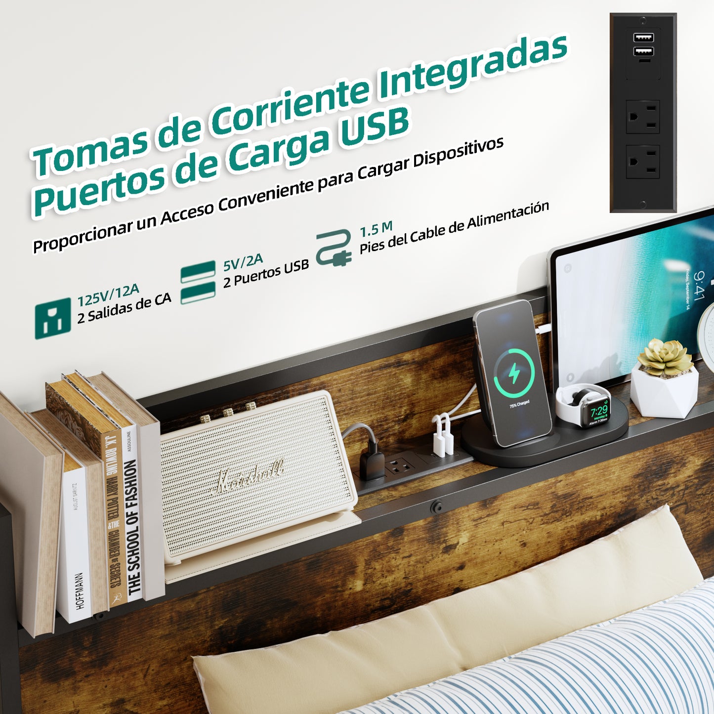 Marcos de Cama Twin, Cabecero de Almacenamiento con Estación de Carga