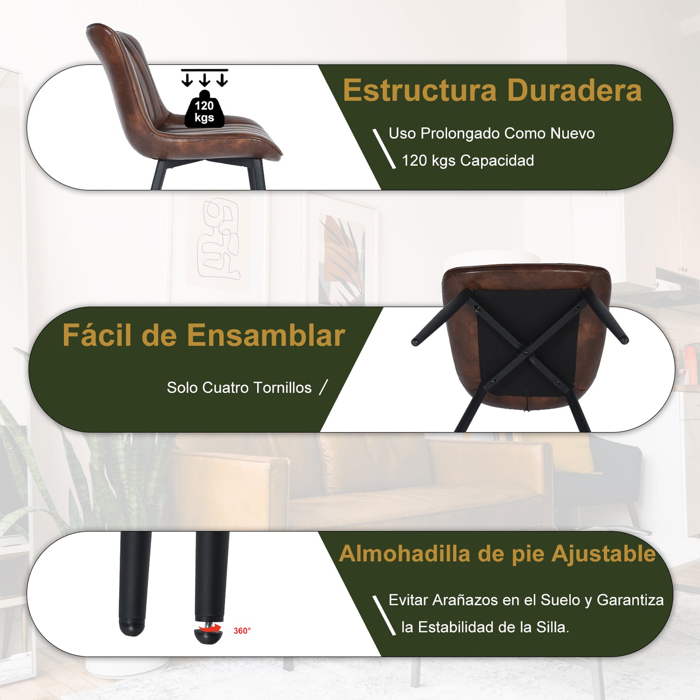 Juego de 2 Sillas de Comedor de Piel Sintética Tapizadas Estilo Retro Café