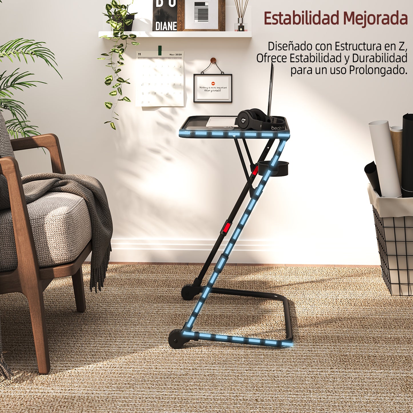 Mesa Plegable para TV con Portavasos, Mesa para Refrigerios con 4 Ajustes de Altura y 4 ángulos de Inclinación Negro