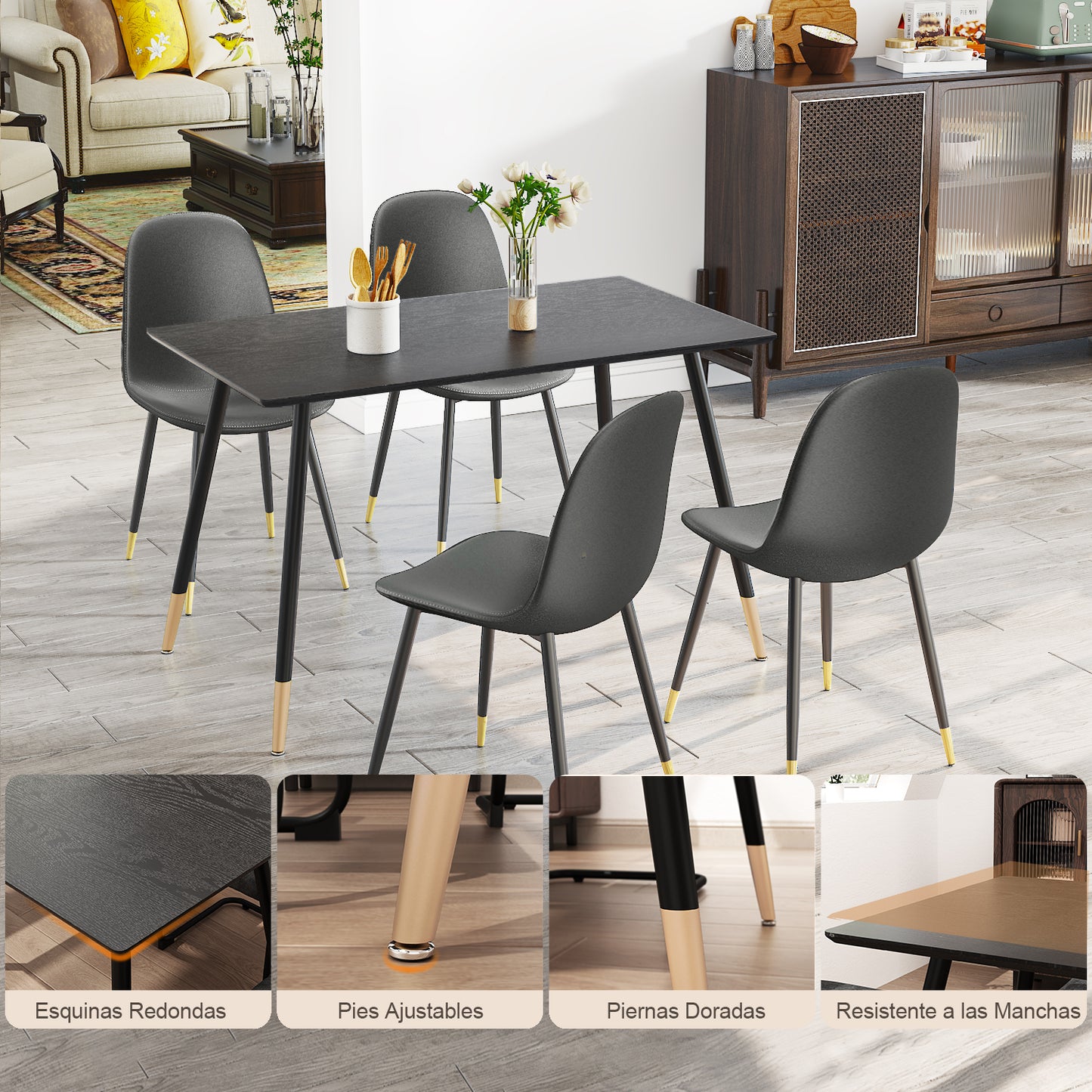 Mesa de Comedor Rectangular Mid Century Color Negro Patas con Detalle Dorado