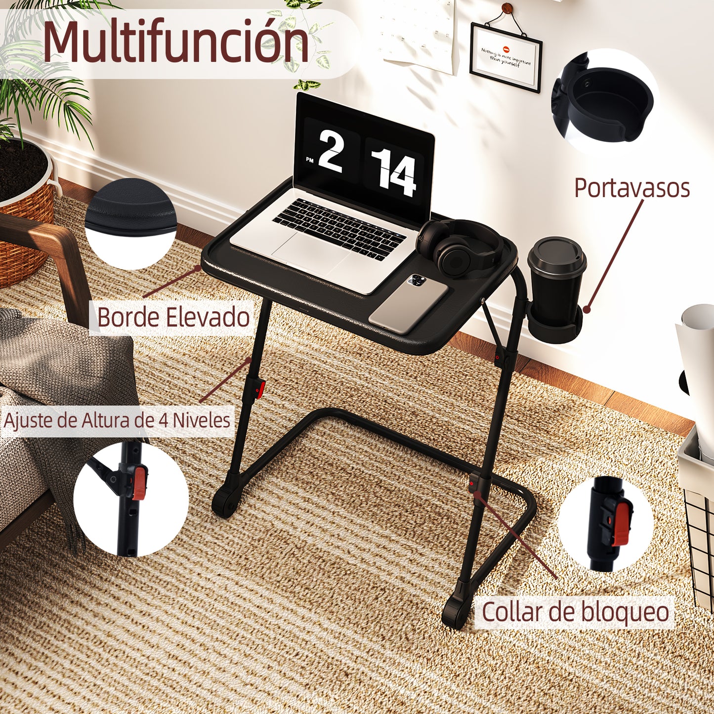 Mesa Plegable para TV con Portavasos, Mesa para Refrigerios con 4 Ajustes de Altura y 4 ángulos de Inclinación Negro