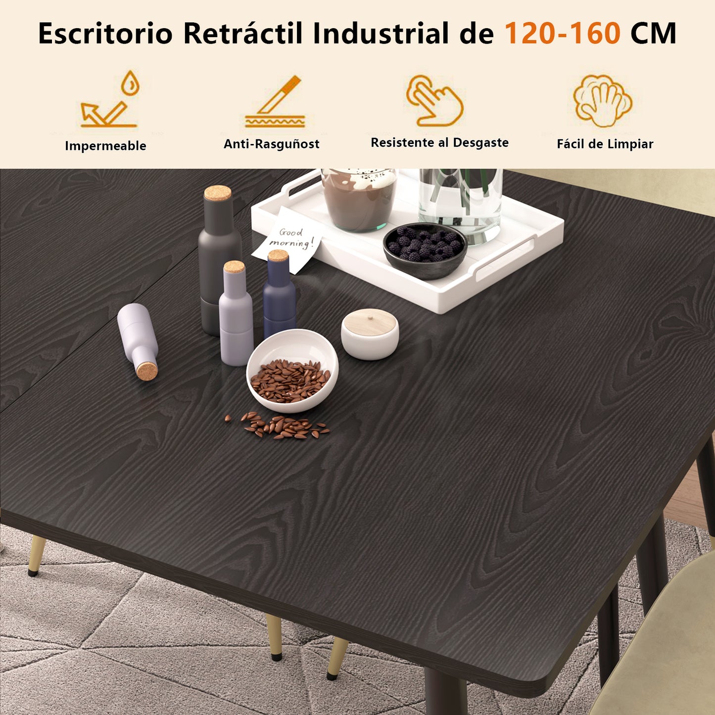 Mesa de Comedor Rectangular Extensible 160 cm Negro