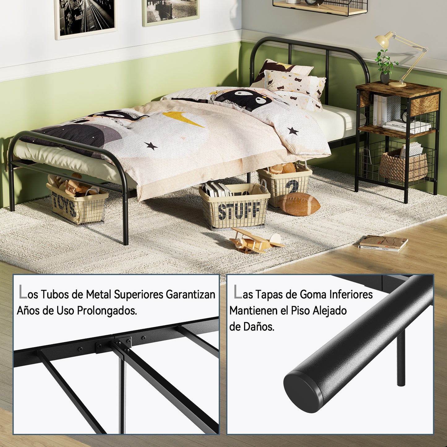 Marco de Cama con Plataforma de Metal de TamaƱo Doble con Cabecera Negro