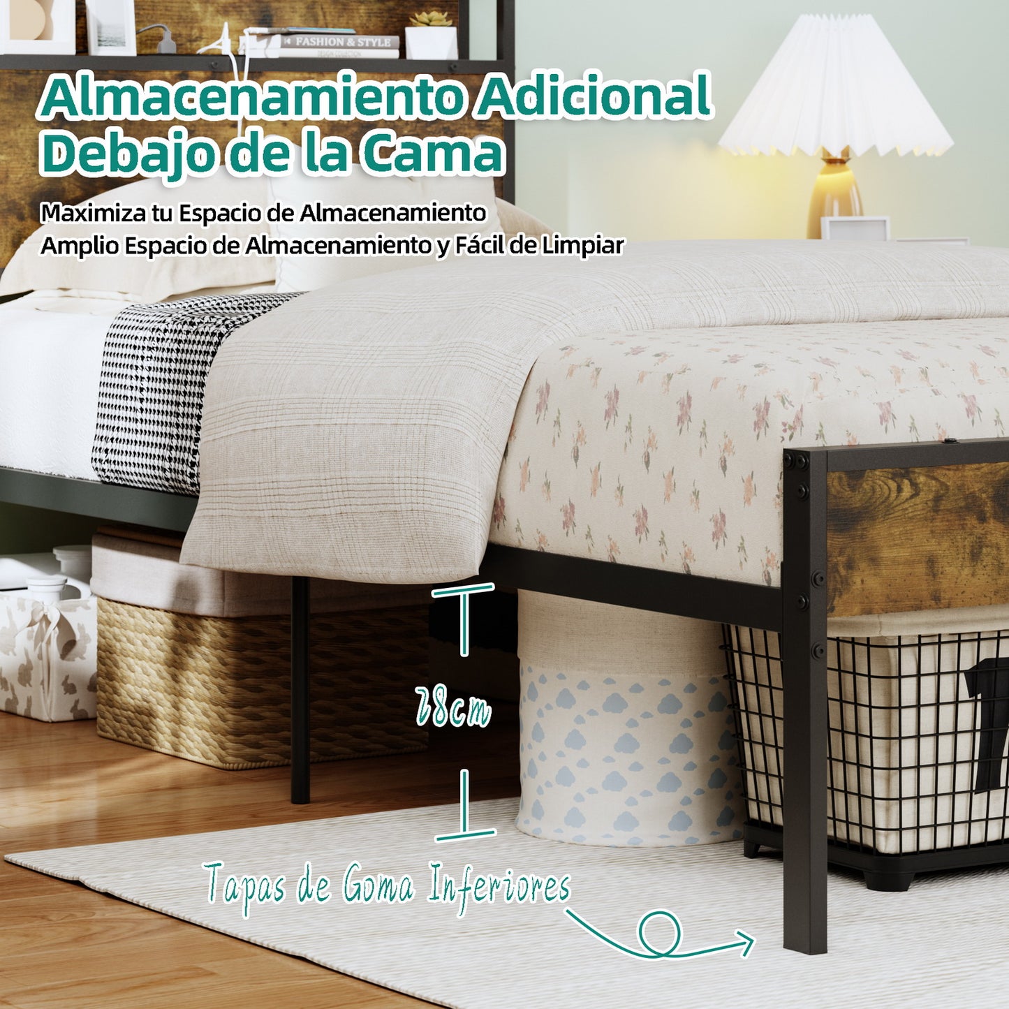 Marcos de Cama Twin, Cabecero de Almacenamiento con Estación de Carga