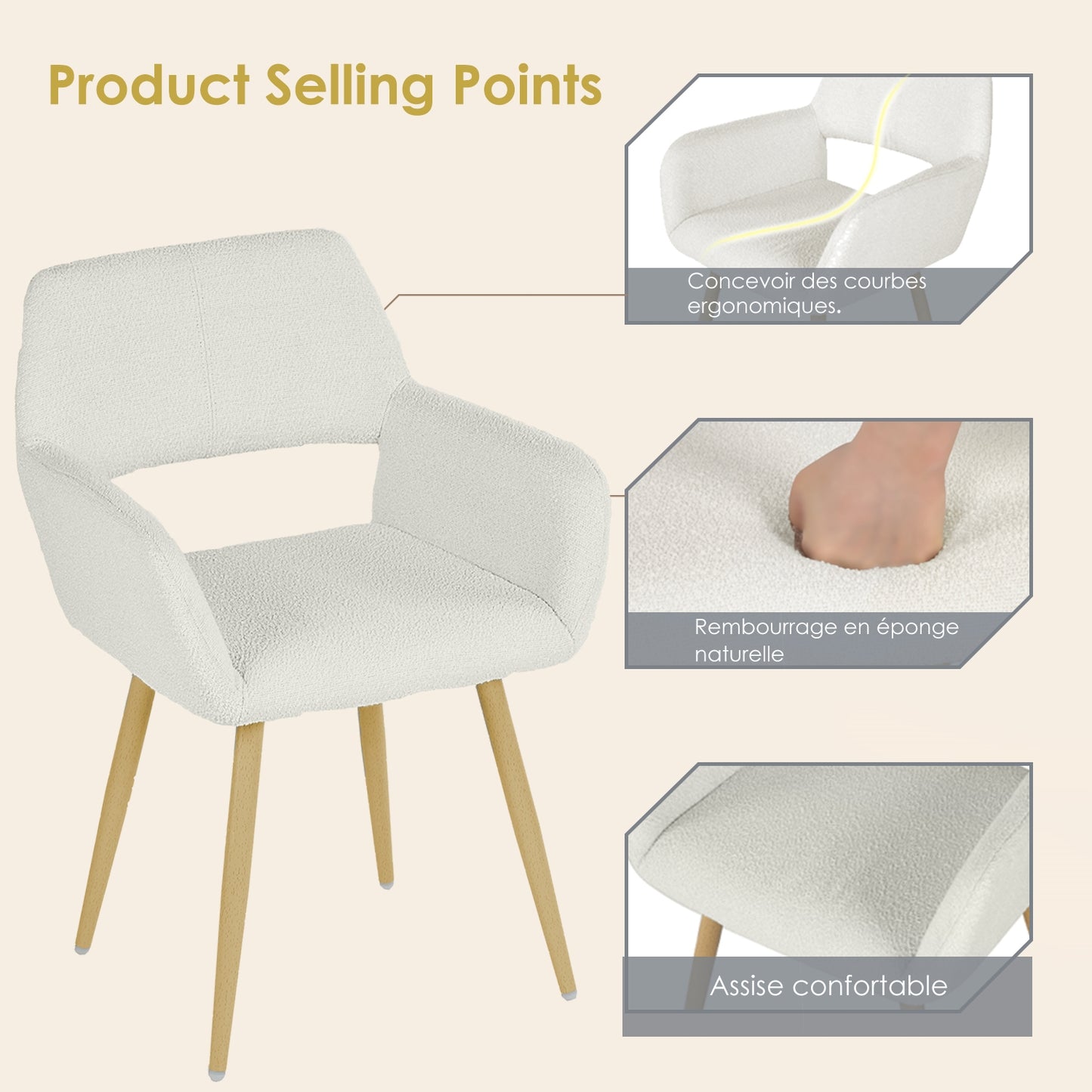 Conjunto de 2 Sillas de Comedor Modernas de Tela Boucle Beige