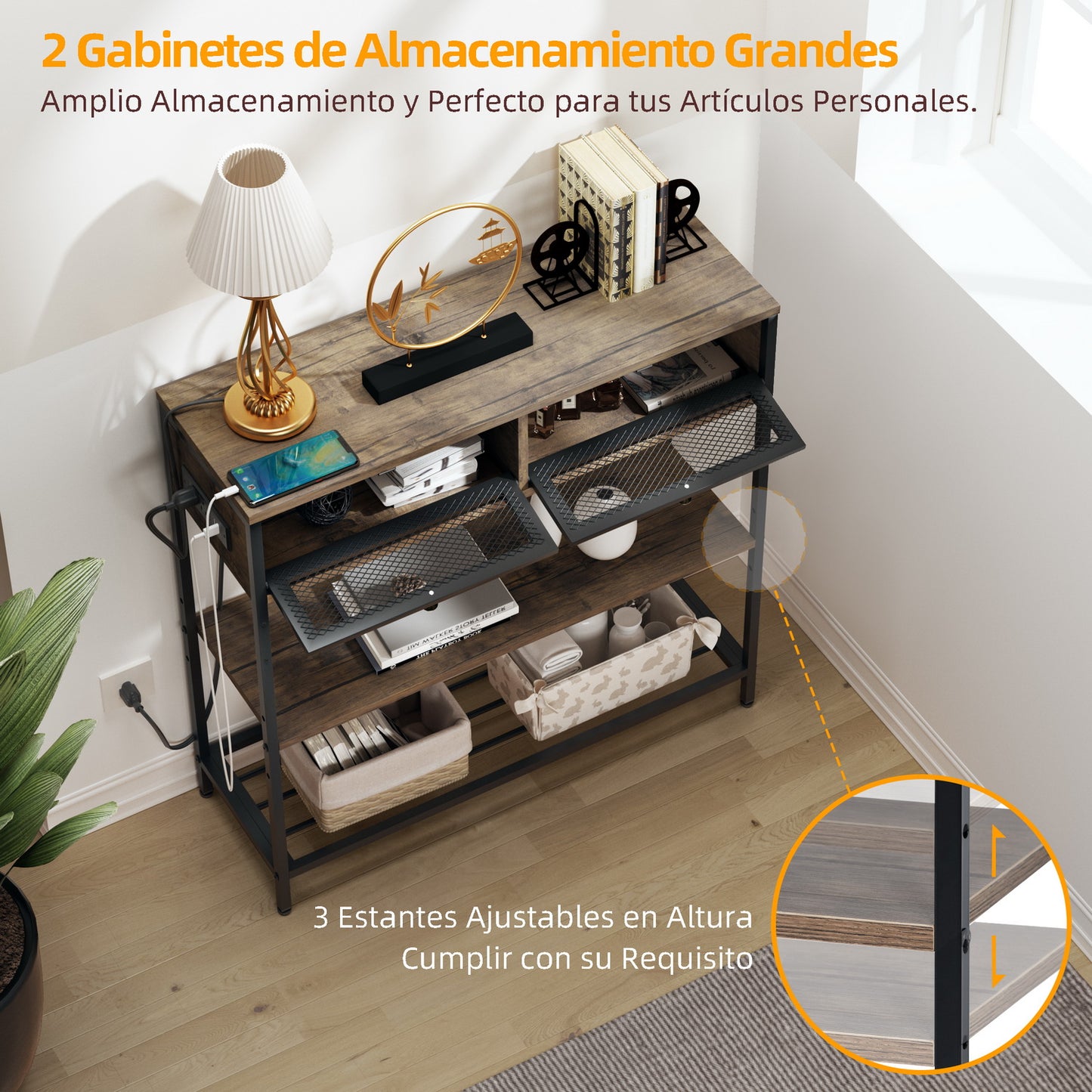 Mesa Consola con Tomacorrientes y Puertos USB Café y Negro