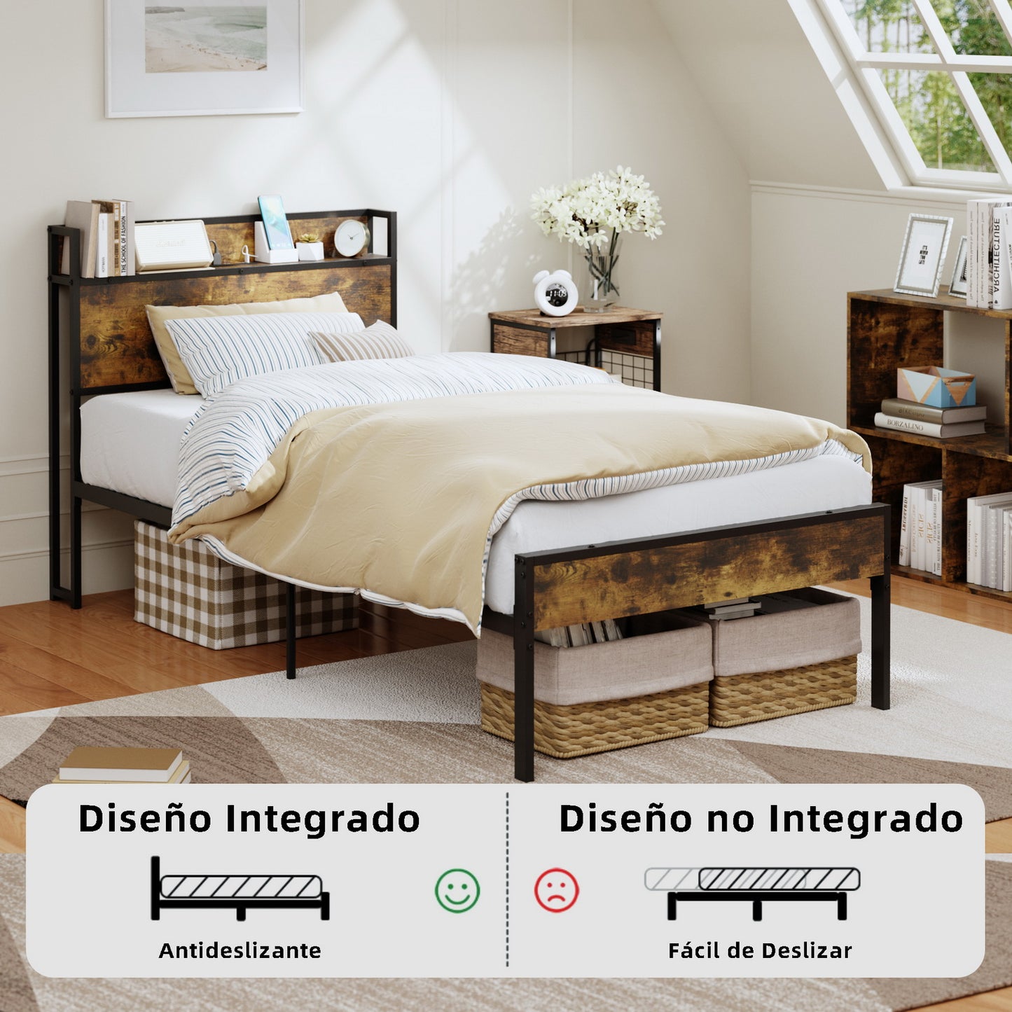 Marcos de Cama Twin, Cabecero de Almacenamiento con Estación de Carga