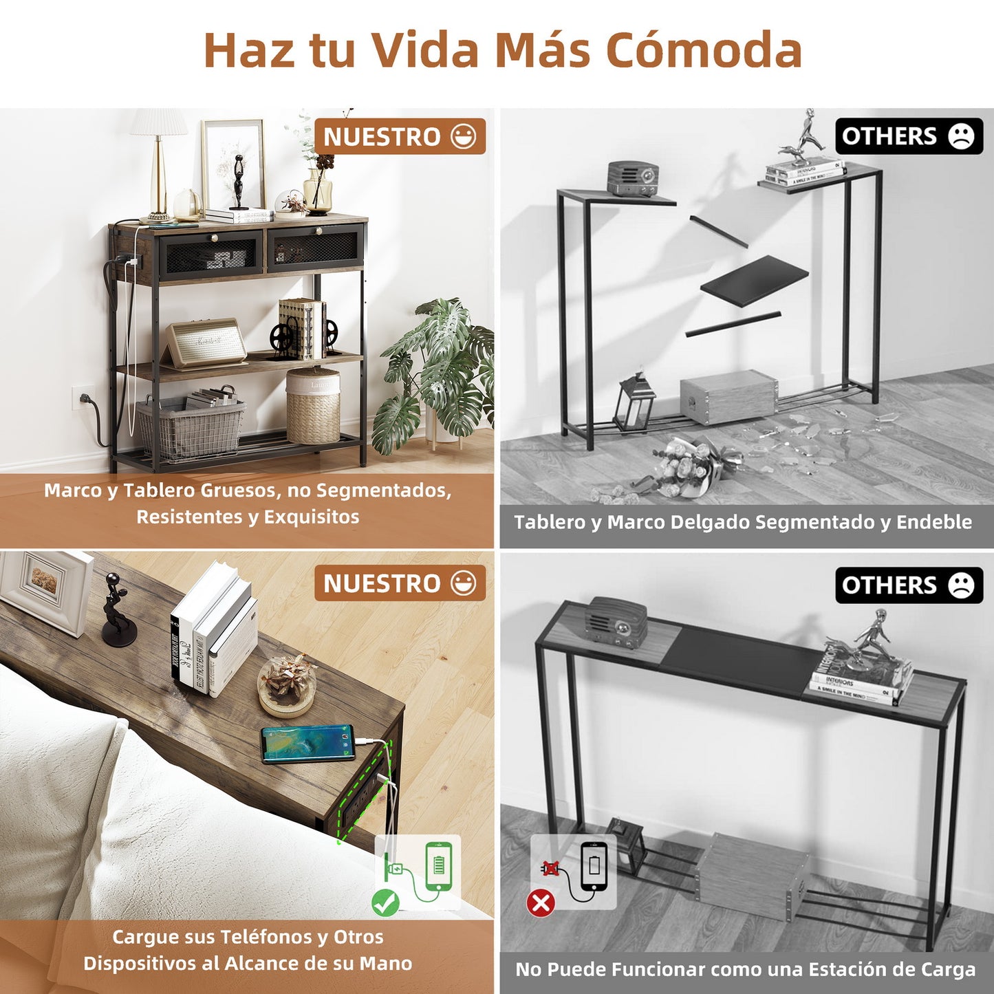 Mesa Consola con Tomacorrientes y Puertos USB Café y Negro