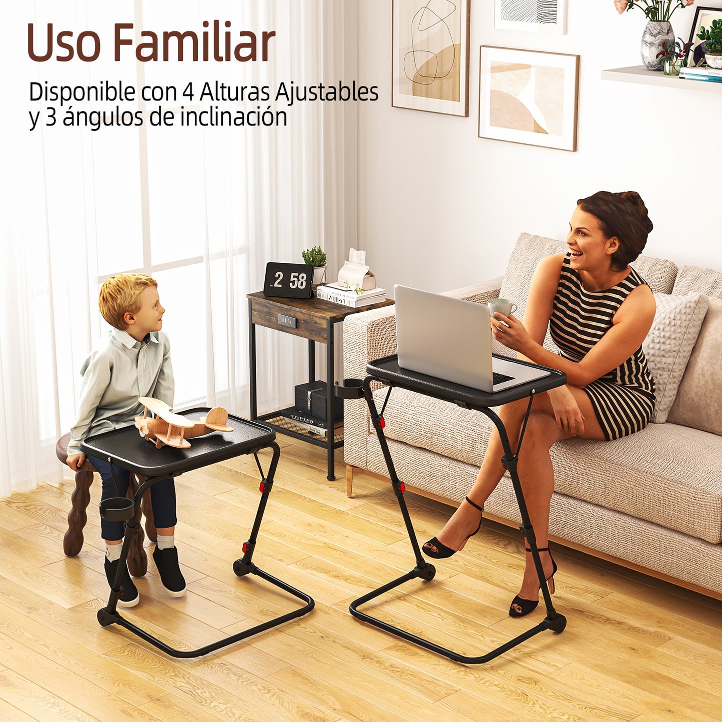 Mesa Plegable para TV con Portavasos, Mesa para Refrigerios con 4 Ajustes de Altura y 4 ángulos de Inclinación Negro