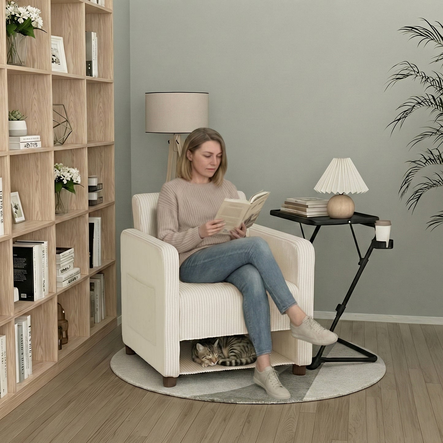 Sillón Individual Moderno de Pana Beige con Espacio para Mascotas