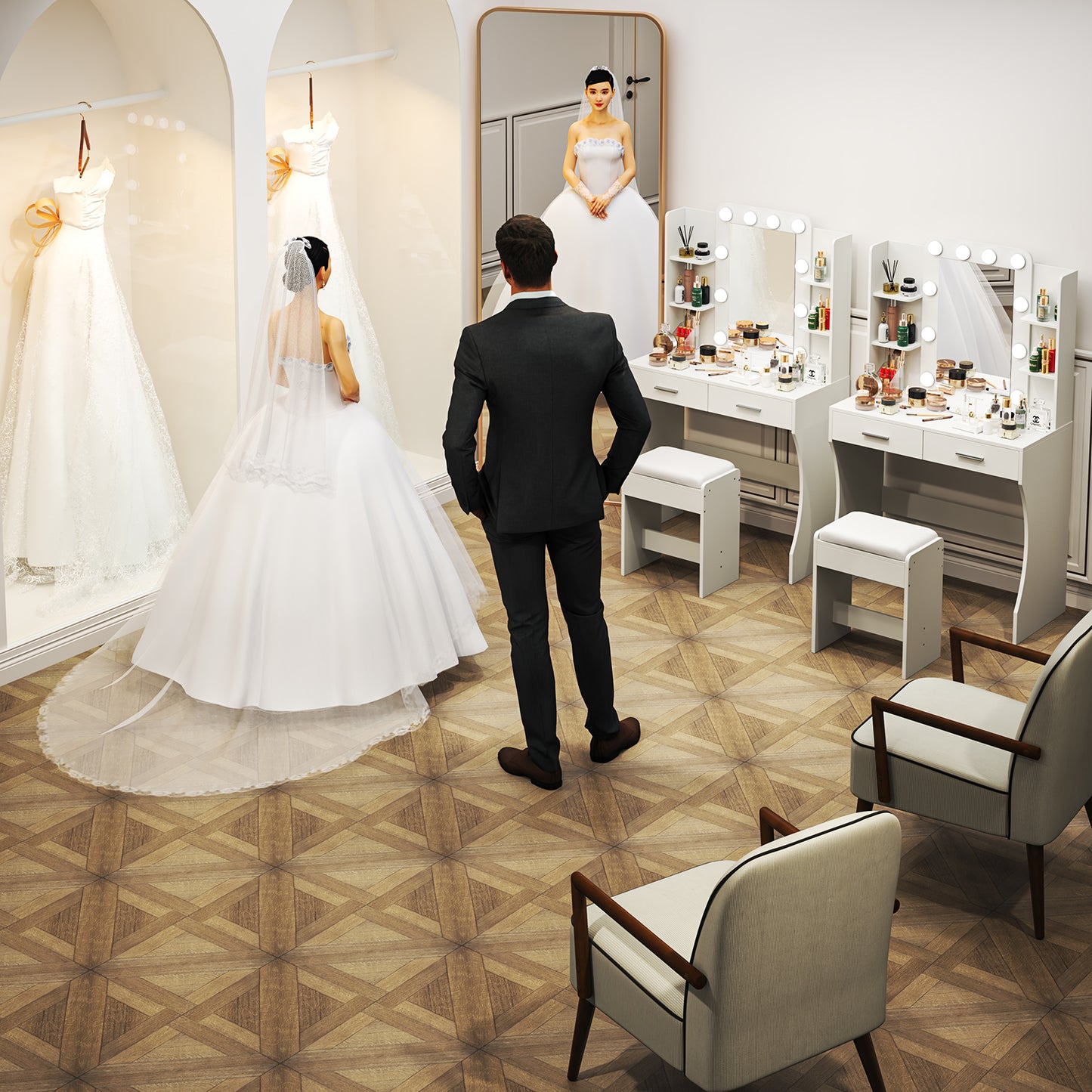 Tocador con Espejo y Estación de Carga Blanco