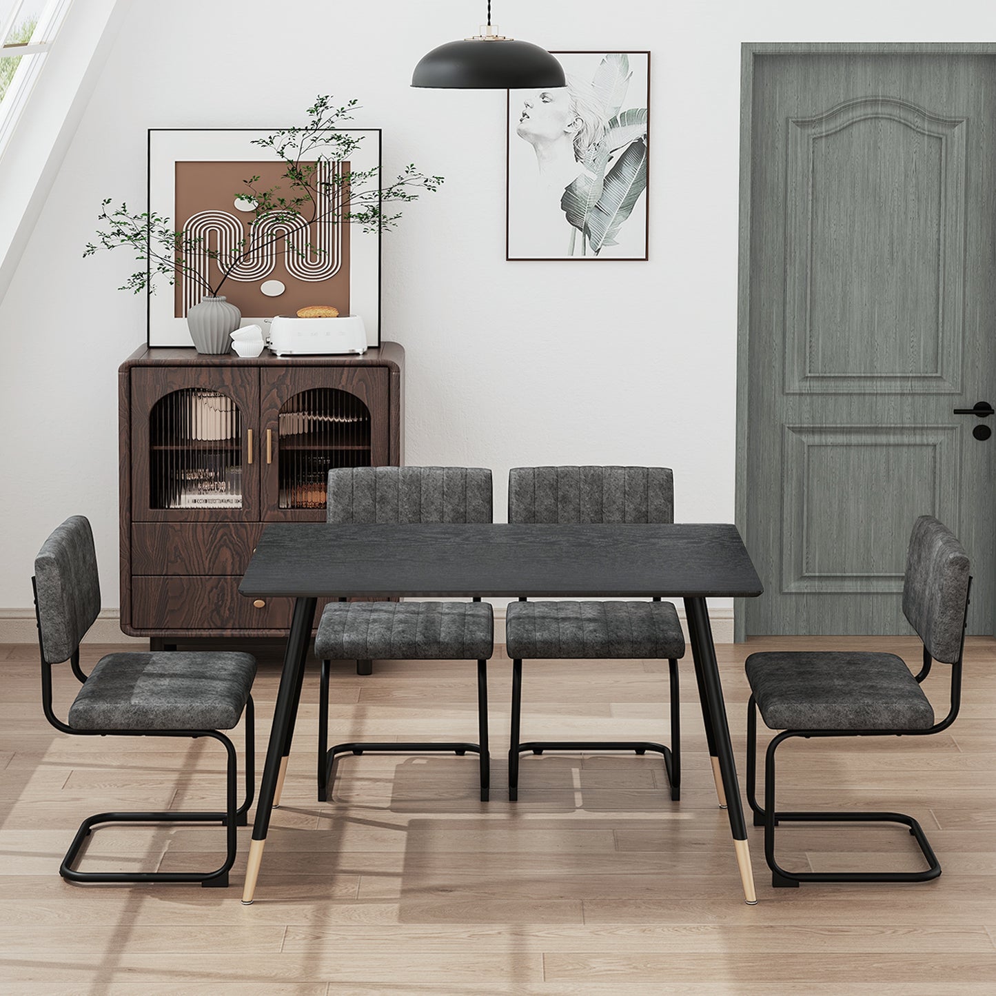 Mesa de Comedor Rectangular Mid Century Color Negro Patas con Detalle Dorado