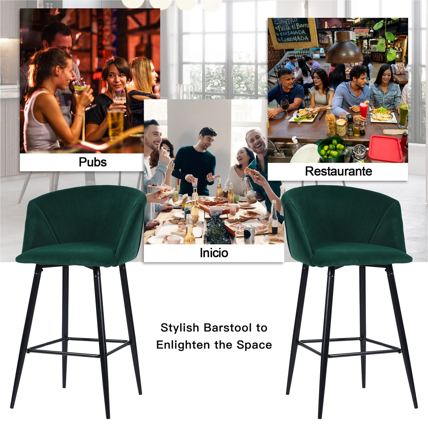 Conjunto de 2 Sillas de Bar con Asiento Tapizado Verde