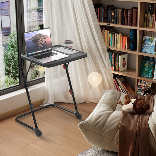 Mesa Plegable para TV con Portavasos, Mesa para Refrigerios con 4 Ajustes de Altura y 4 ángulos de Inclinación Negro