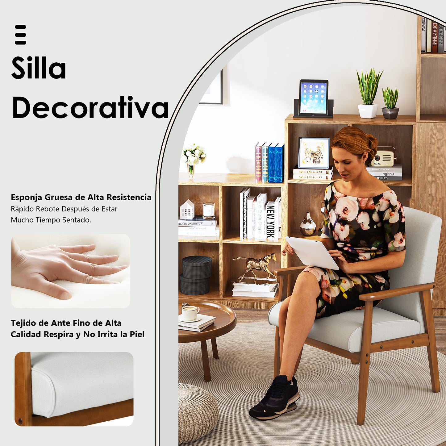 Silla Decorativa Moderna de Mediados de Siglo con Marco de Madera Beige