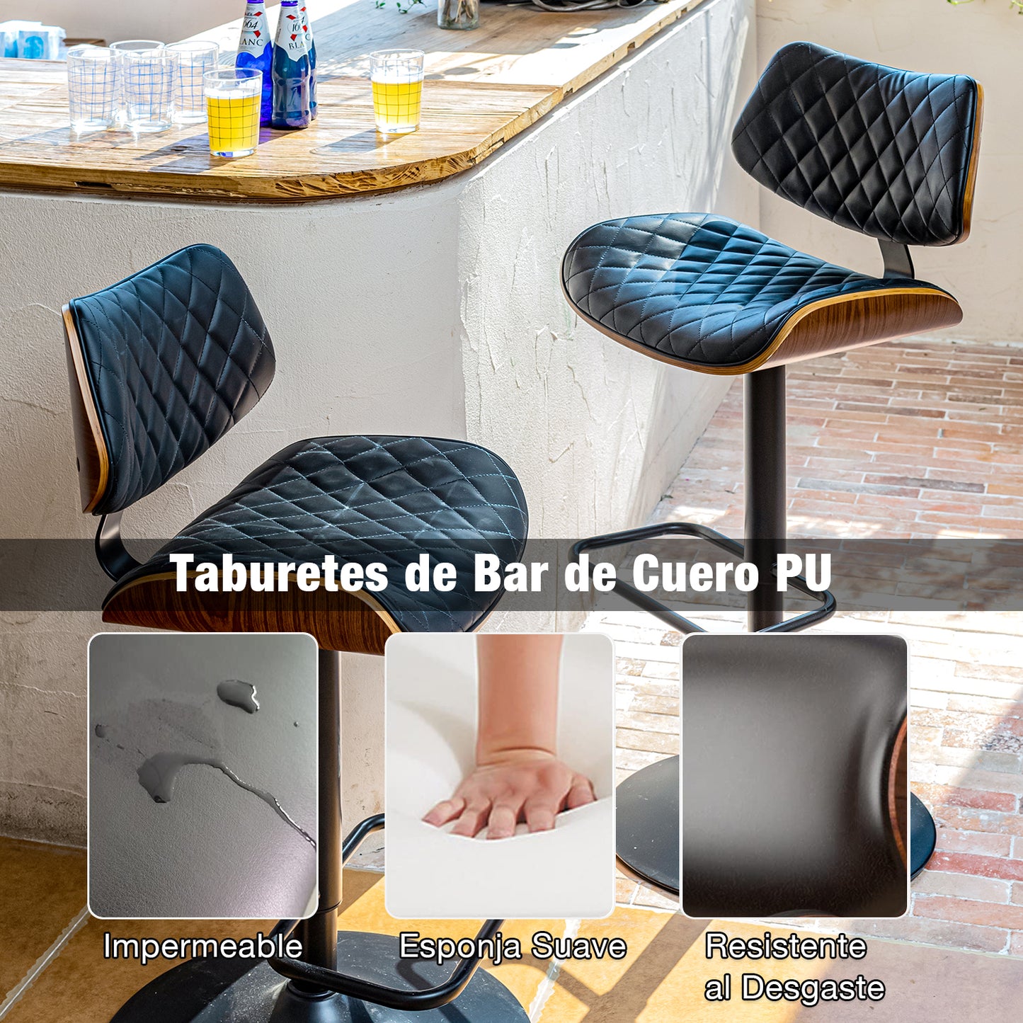 Set de 1 Bancos de Bar Giratorios Altura Ajustable Base Negra Tapizado Piel Sintética PU - Negro