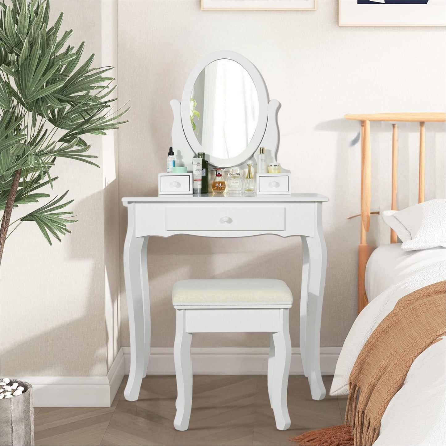 Conjunto de Mesa de Tocadores con Espejo Oval Blanco