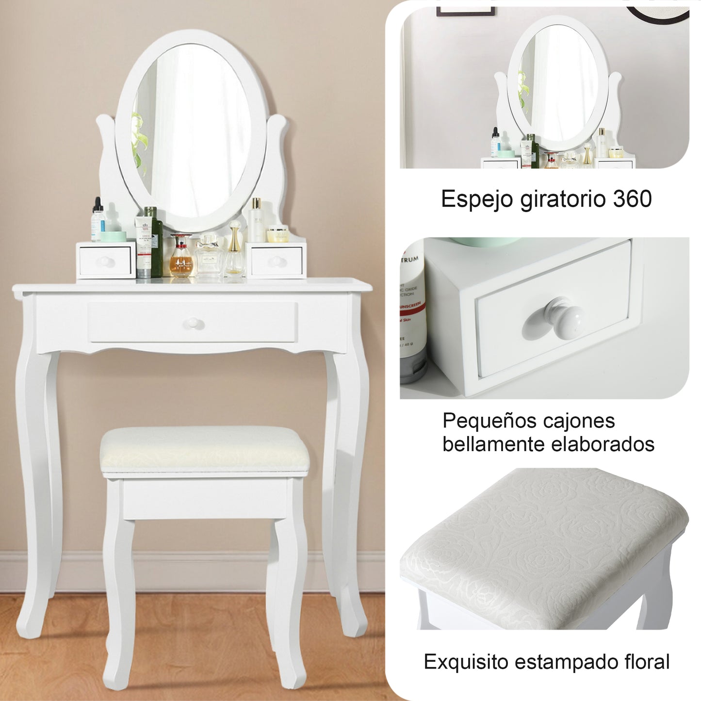 Conjunto de Mesa de Tocadores con Espejo Oval Blanco