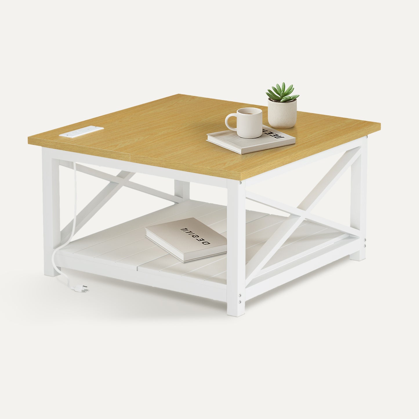Country House Mesa de Centro Cuadrada con Tomas de Corriente y Puertos USB Blanco y Natural