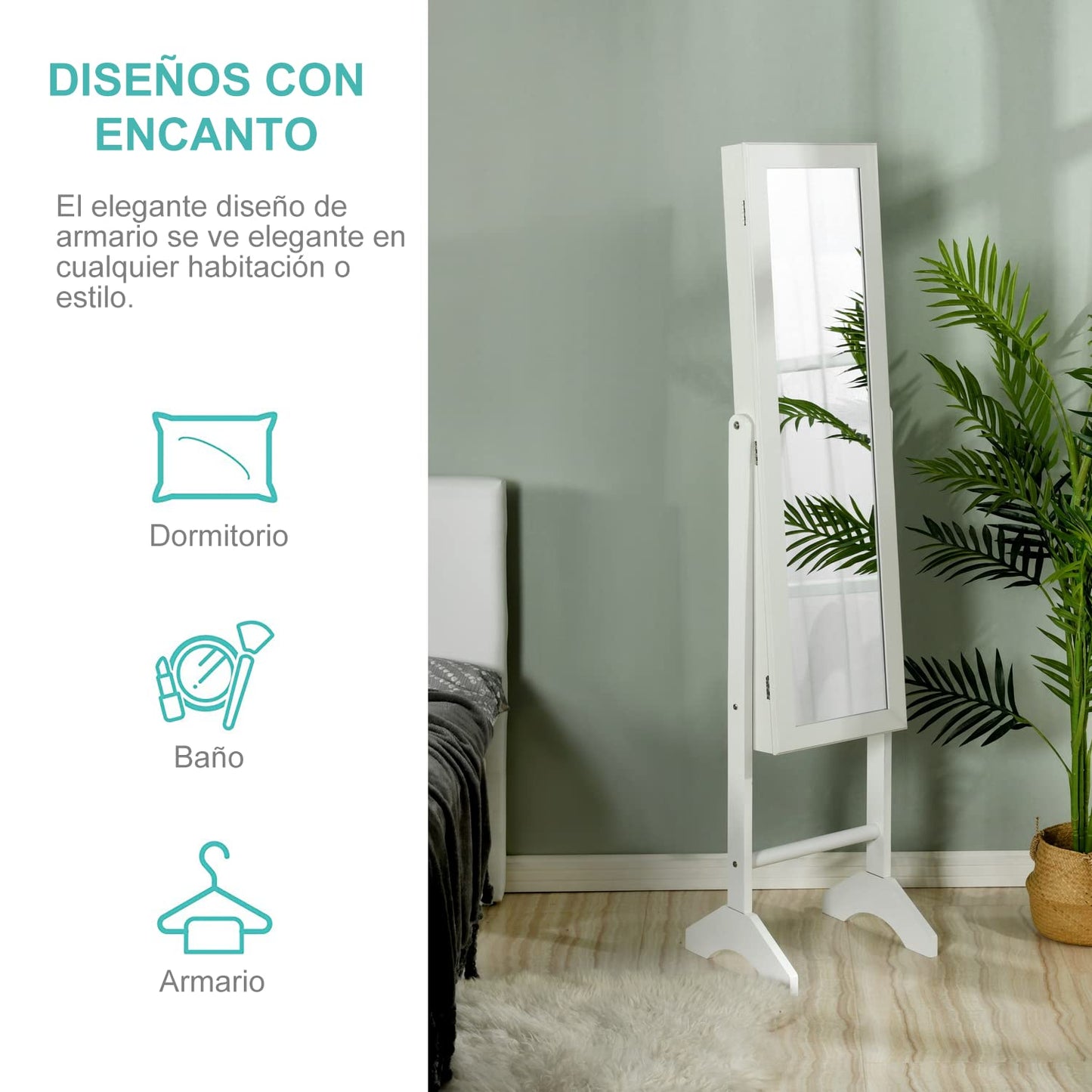 Armario de Gabinete de Joyería de Espejo de Cuerpo Completo Blanco