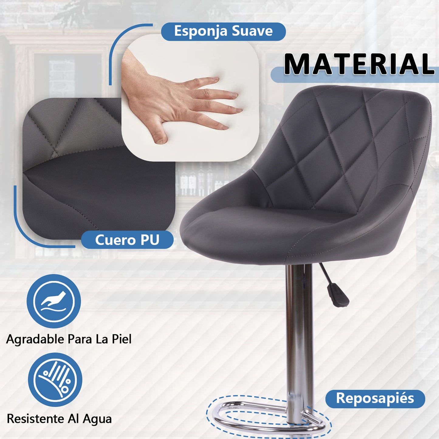 Set de 2 Bancos Giratorios 360˚ con Altura Ajustable Tapizados en Piel Sintética PU Gris