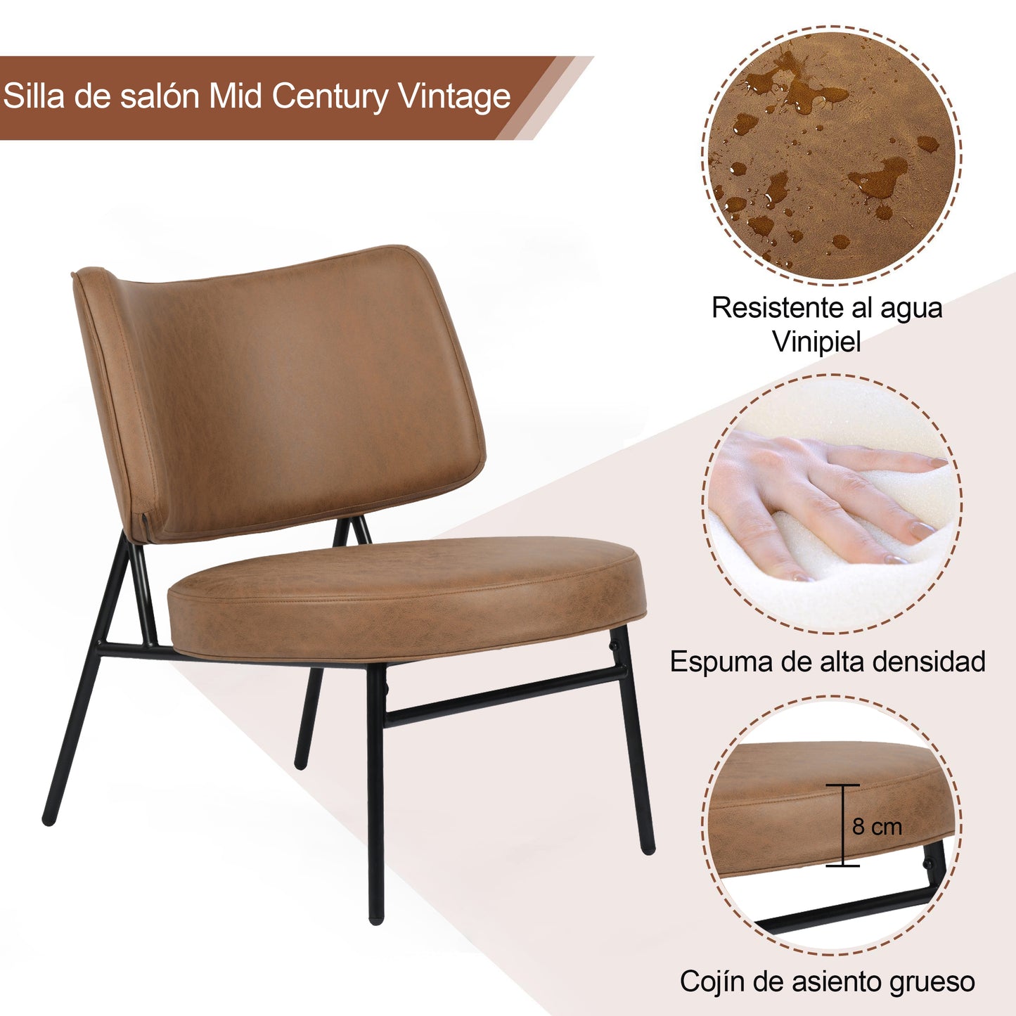 Sillón Tapizado de Cuero sin Brazos Moderno Marrón
