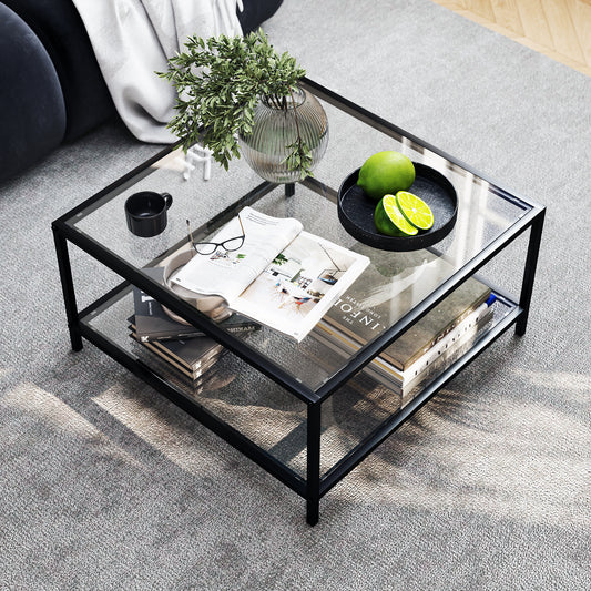 Mesa de Centro Cuadrada, Mesa de cóctel con Tapa de Cristal Templado