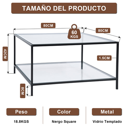 Mesa de Centro Cuadrada, Mesa de cóctel con Tapa de Cristal Templado