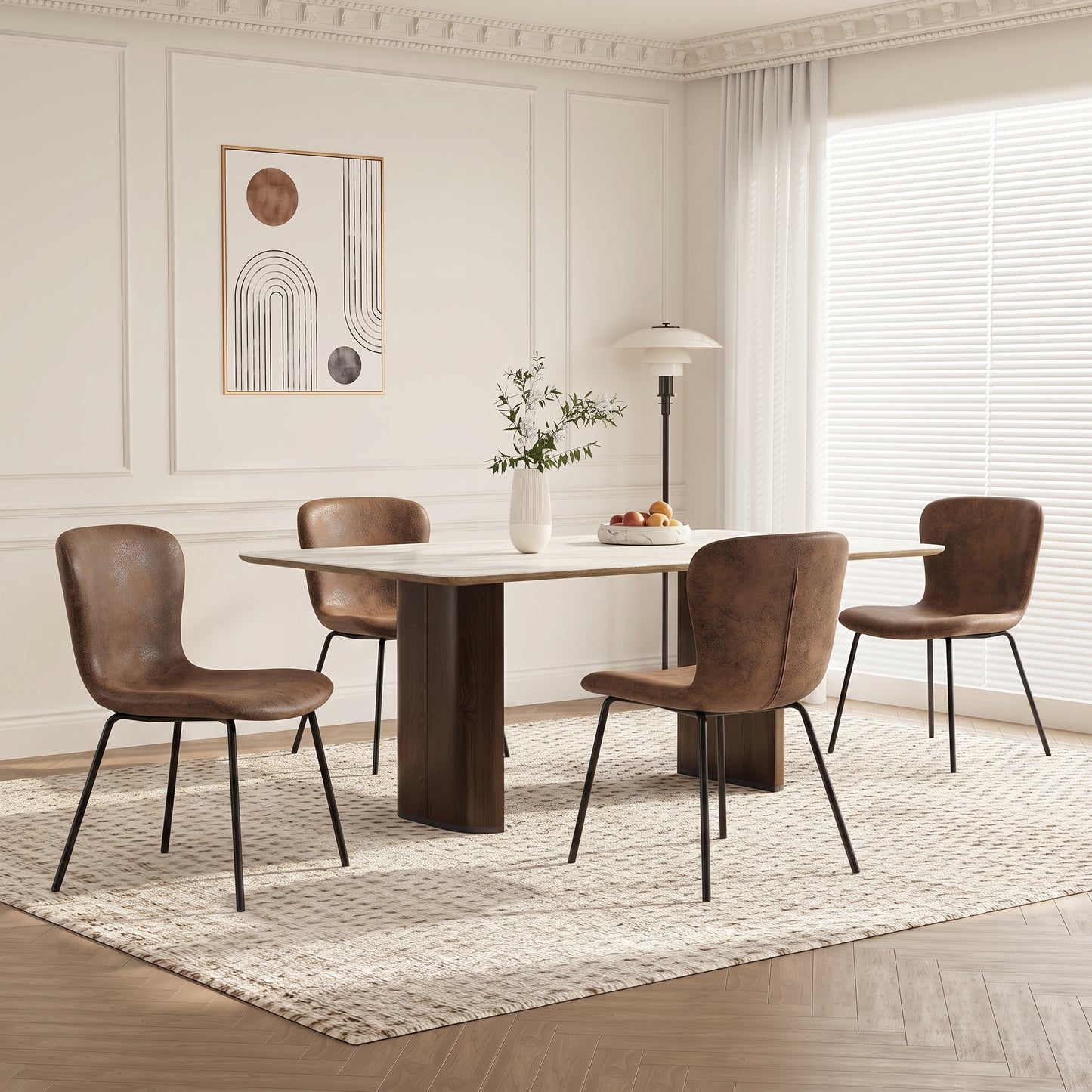 Juego de 4 Sillas de Comedor Patas de Metal | Piel Sintética Suede Café