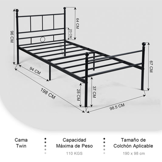 Cama Twin Armazón de Cama de Metal de fácil Montaje con cabecera y pie de Cama